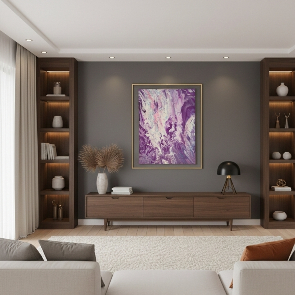 Hand Crafted original fluid art upcycled stretch canvas purple abstract decor